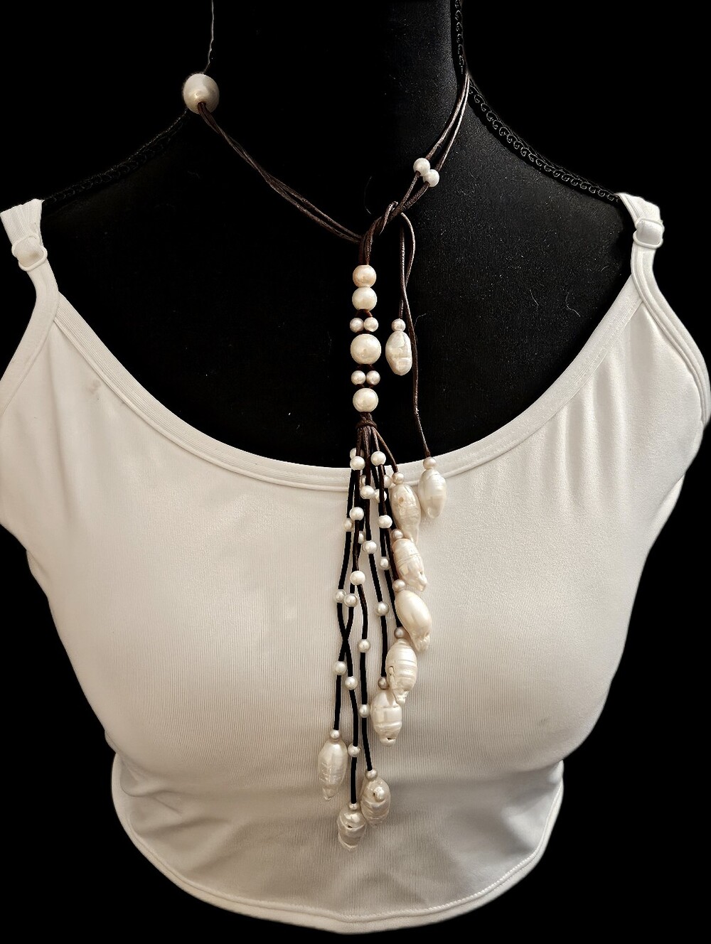 Artisan Boutique Pearl Tassel Lariat Necklace - White Pearls on Brown Cord 28"L